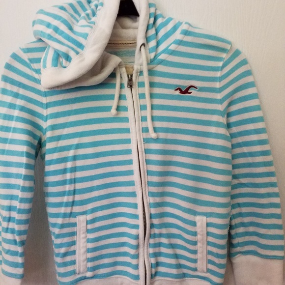 Hollister Jacket Hoodie Size Small Terry zip Pockets Blue/White Stripe - Picture 1 of 6